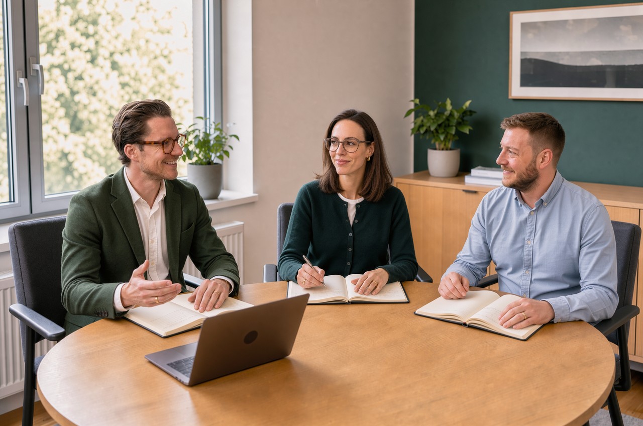 Felix Burri, Stéphanie Burri et Pierfrancesco Mauro lors d’une réunion d’équipe